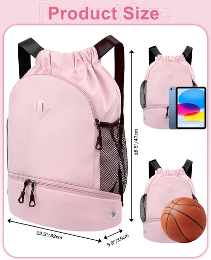 RHDZO Drawstring Backpack Gym Backpack with Shoe Compartment for Men Women String Sports Bag with Wet Pocket Cinch Swim Beach Bag, Large Pink