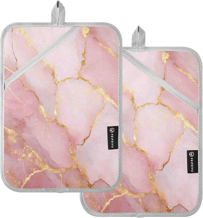 Kitchen Potholder Light Pink Marble Stone Pot Holders Set of 2 Heat Resistant Potholders Oven Hot Pads with Pockets for Countertop Trivet Baking Cooking BBQ