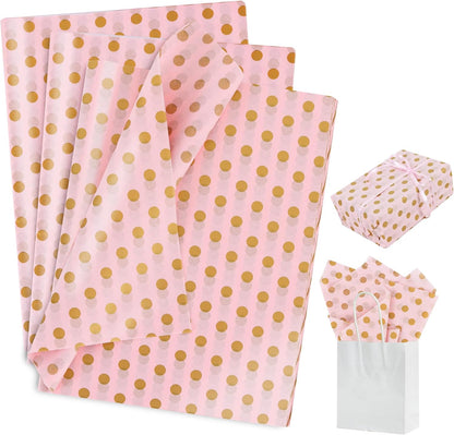 BEISHIDA Pink and Gold Tissue Paper Bulk, Polka Dot Wrapping Tissue Paper for Gift Bags, 14 x 20 Inch Gift Wrap for Christmas Birthday Wedding Graduation DIY Crafts Holiday Flowers,50 Sheets