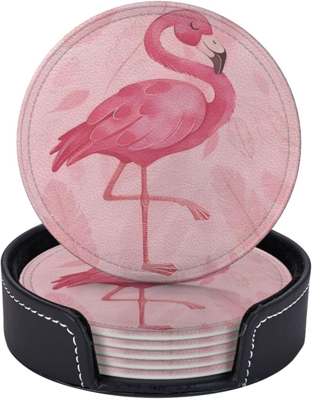 6 Pcs Pink Cute Flamingo Modern Art Boho Leather Coasters for Drinks with Holder Coaster Sets Drink Table Cup Coasters for Living Room Kitchen Coffee Decor