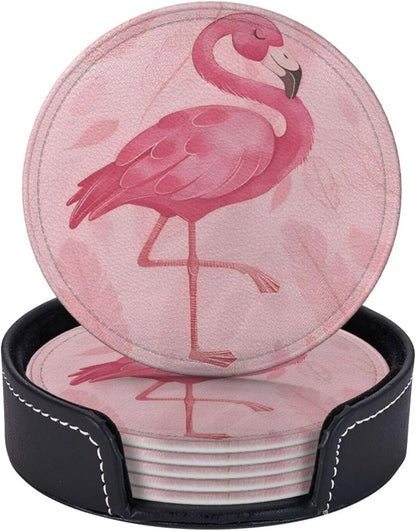 6 Pcs Pink Cute Flamingo Modern Art Boho Leather Coasters for Drinks with Holder Coaster Sets Drink Table Cup Coasters for Living Room Kitchen Coffee Decor