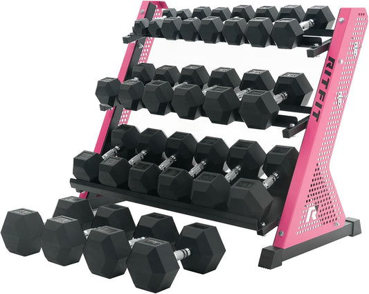 RitFit Rubber Hex Dumbbell Set with 3-Tier Dumbbell Rack,350-780LB Hand Weight Set with Anti-Slip Grip,1000LB Capacity Heavy Duty Steel Weight Storage Rack for Home Gym