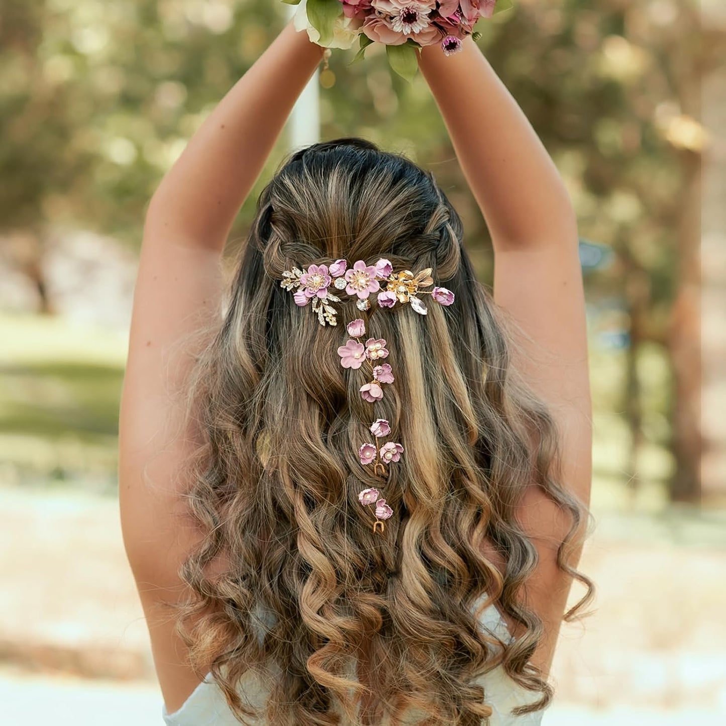 Pink Flower Hair Accessories Set 4pcs Bridal Floral Rhinestone Pearl Gold Leaf Vine Hair Combs Pins Pieces for Wedding Prom
