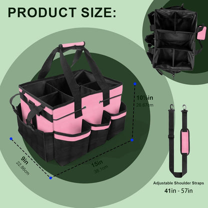Large Cleaning Caddy Bag – Cleaning Supply Organizer Bag with Handle & Adjustable Shoulder Strap for Housekeepers, Professional Home, Apartment & Office Cleaning, Soft Portable Tote (Pink)