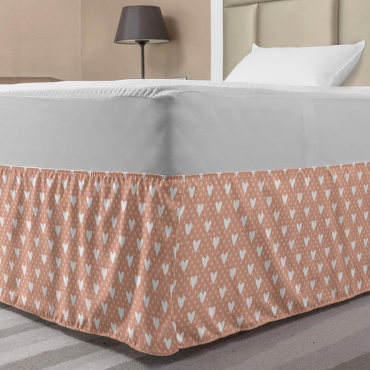Lunarable Valentine Bed Skirt, Pattern with White Hearts and Pastel Polka Dots Romantic Retro, Elastic Bedskirt Dust Ruffle Wrap Around for Bedding Decor, Twin/Twin XL, Pale Pink White Peach