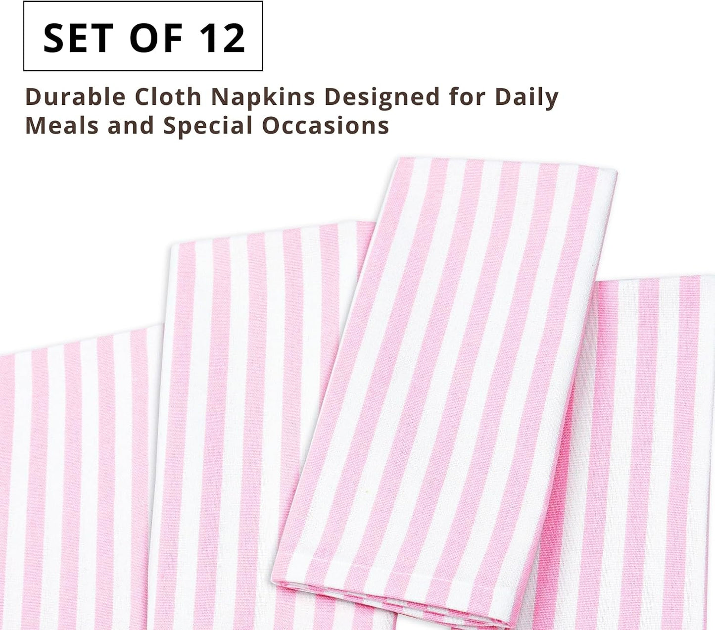 PurpleEssences Plain Striped Cloth Napkins - Set of 12-100% Cotton - 18 x 18 Inch - Spring Easter Summer and Perfect Everyday Use Dinner Napkin - Blush Pink and White