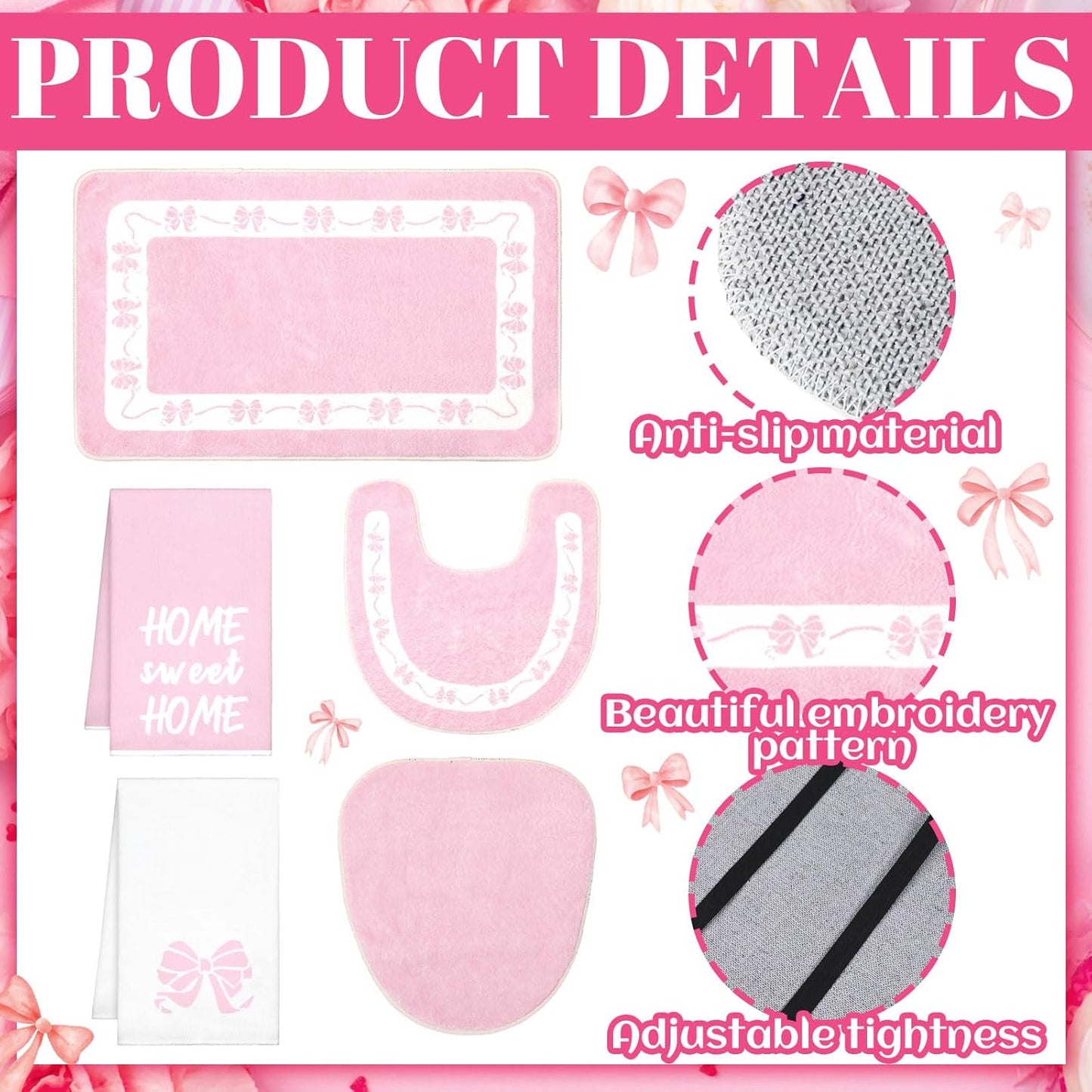 Nuanchu 6 Pcs Pink Bathroom Rugs Set with 2 Ribbon Hand Towels Non Slip U-Shaped Toilet Rug Water Absorption Bath Mat for Spring Bathroom Bedroom Living Room