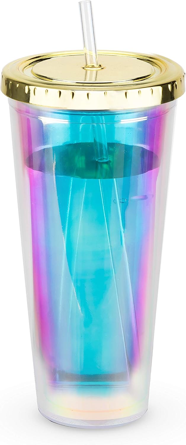 Blush Iridescent Cute Drink Tumbler | Reusable, Leak-Proof, Travel, Clear Plastic, Slim, Iced Coffee Cup with Silicone Seal, Screw-On-Lid, and Straw, 24oz