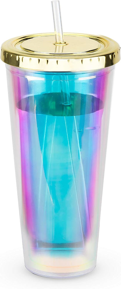 Blush Iridescent Cute Drink Tumbler | Reusable, Leak-Proof, Travel, Clear Plastic, Slim, Iced Coffee Cup with Silicone Seal, Screw-On-Lid, and Straw, 24oz