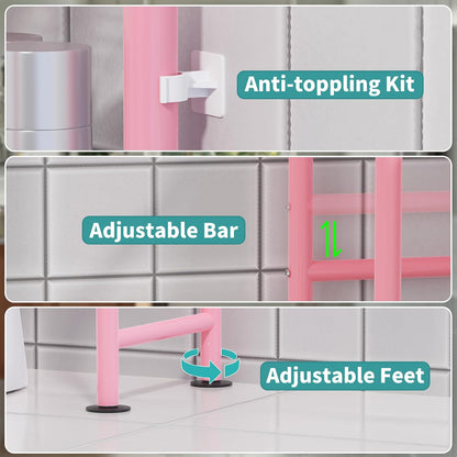 3-Tier Over The Toilet Storage Organizer, Space-Saving Bathroom Rack with Paper Holder & 4 Hooks, 64" Tall Freestanding Carbon Steel Shelf for Small Apartment Laundry Room (Pink)
