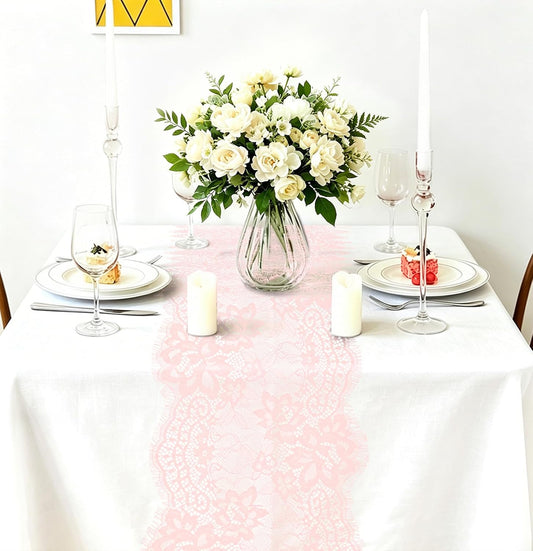 HEIPINIUYE 1 Pcs Pink Lace Table Runner 10 x 120 Inch Pink Embroidered Floral Boho Lace Runners for Tables Wedding Bridal Shower Party Decorations Vintage Rustic Farmhouse Table Runner