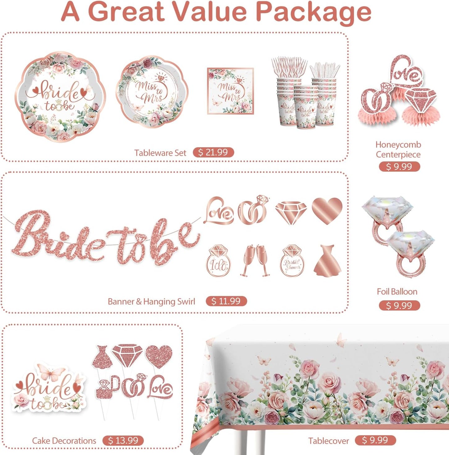 191 Pcs Bridal Shower Decorations Bachelorette Party Set Serves 25 - Rose Gold Bride to Be Banner, Tableware, Tablecloth, Cake Toppers - Wedding Shower Supplies