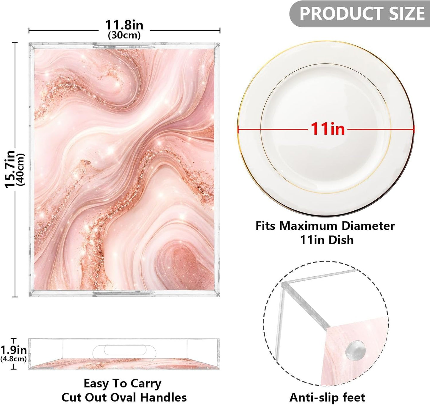 Elegant Marble Pink Gold Serving Tray 12" x 16" Acrylic Trays with Handles Decorative Serving Platter for Coffee, Breakfast in Bed, Dinner, Appetizers, Patio, Party