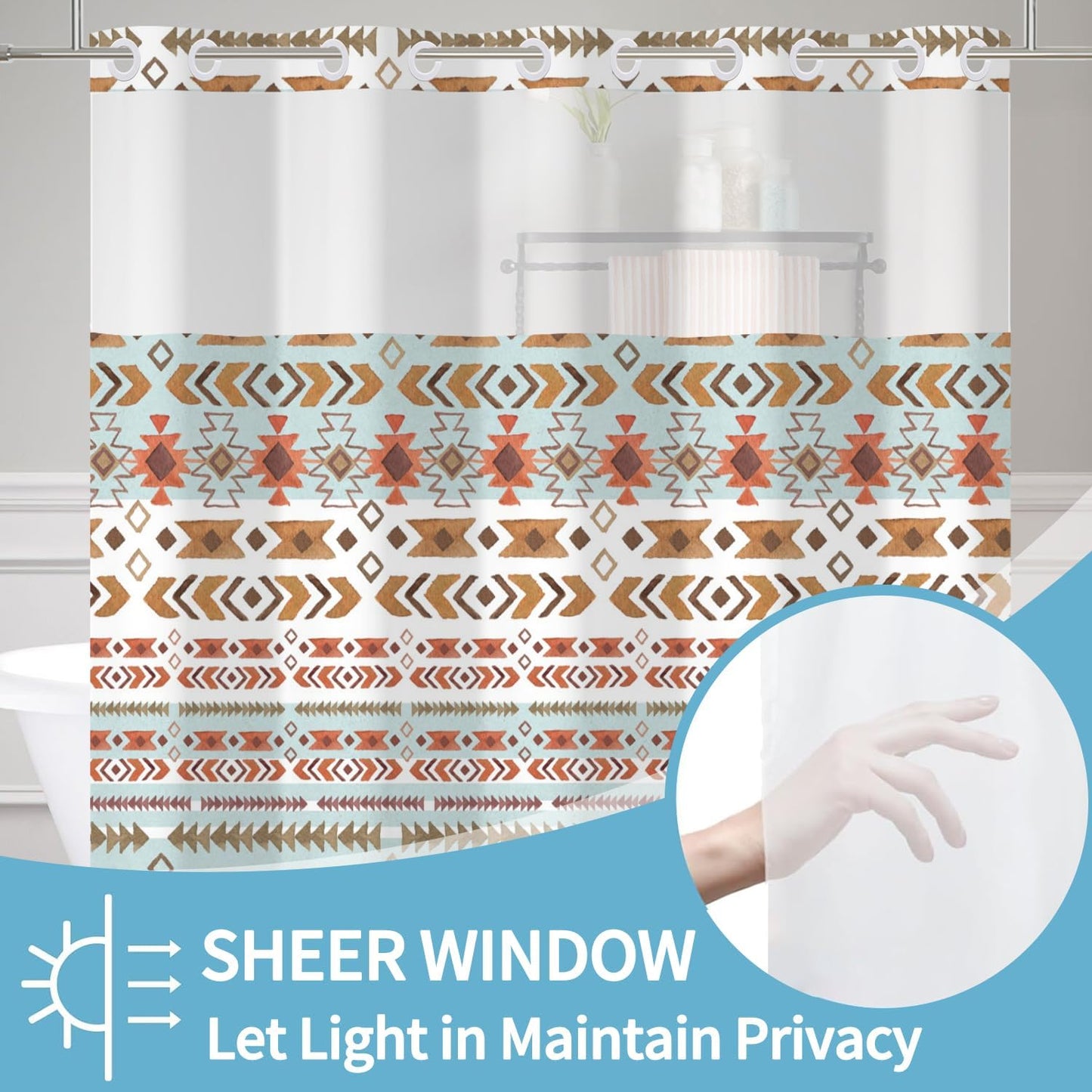 Boho Shower Curtain with Snap in Liner No Hook Mid Century Abstract Curtains for Bathroom Decorations Arch Sun Palm Leaf Waterproof Fabric Bath Accessories Washable 71x74 Inch