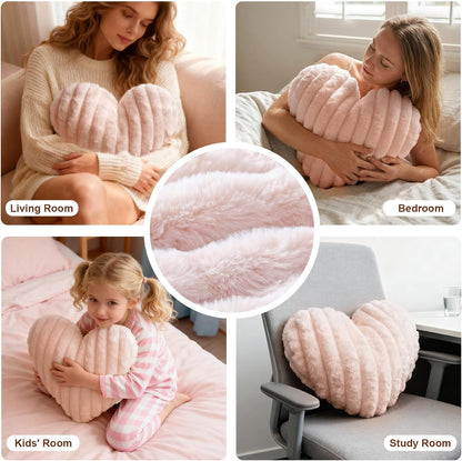 2PCS Pink Heart Throw Pillows, 16 Inch Soft Fuzzy Faux Fur Heart-Shaped Pillows, Cute Decorative Cushions for Couch, Chair, Bed & Bedroom Decor (Pink, 16 * 14)