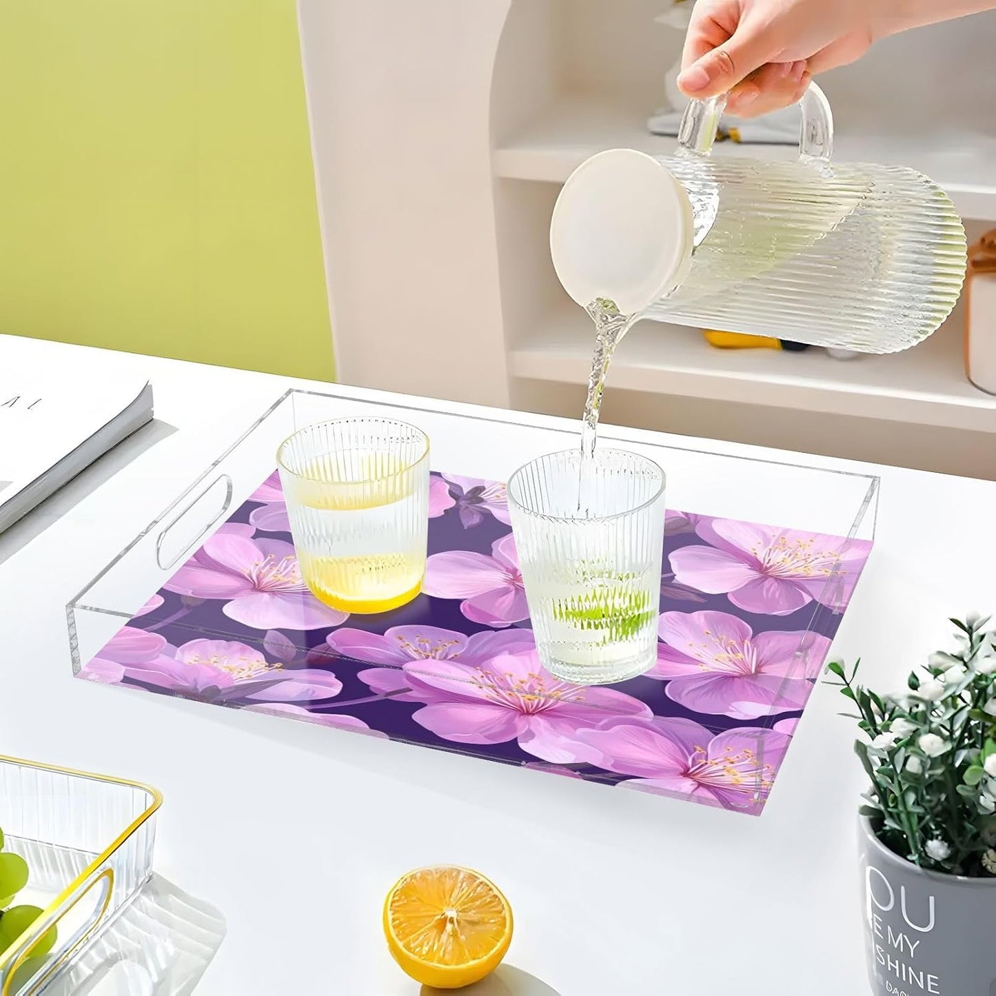 Peach Flowers Acrylic Serving Tray with Handles,Clear Serving Tray Decorative Organiser for Ottoman, Kitchen, Bedroom Decorative 12x16 Inches
