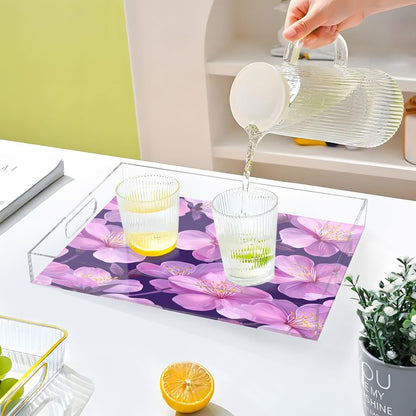 Peach Flowers Acrylic Serving Tray with Handles,Clear Serving Tray Decorative Organiser for Ottoman, Kitchen, Bedroom Decorative 12x16 Inches