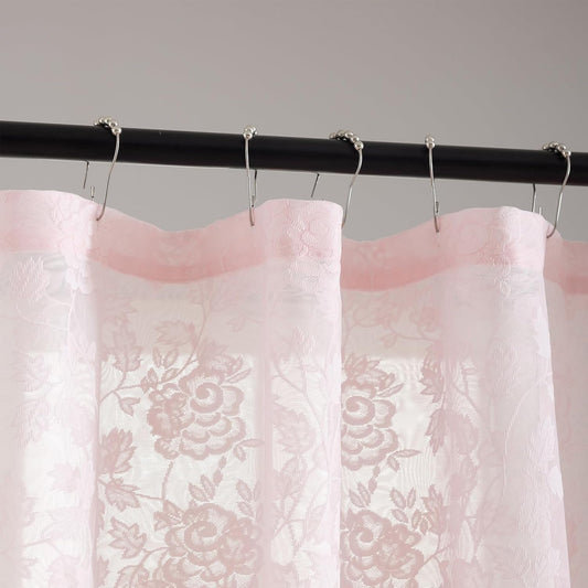 TERLYTEX Pink Small Lace Shower Curtain, 1 Panel, 36 x 72 Inch, Country Rustic Vine Floral Patterned Vintage Sheer Stall Shower Curtain with Attached Lace Valance for Stall Shower Farmhouse Decor