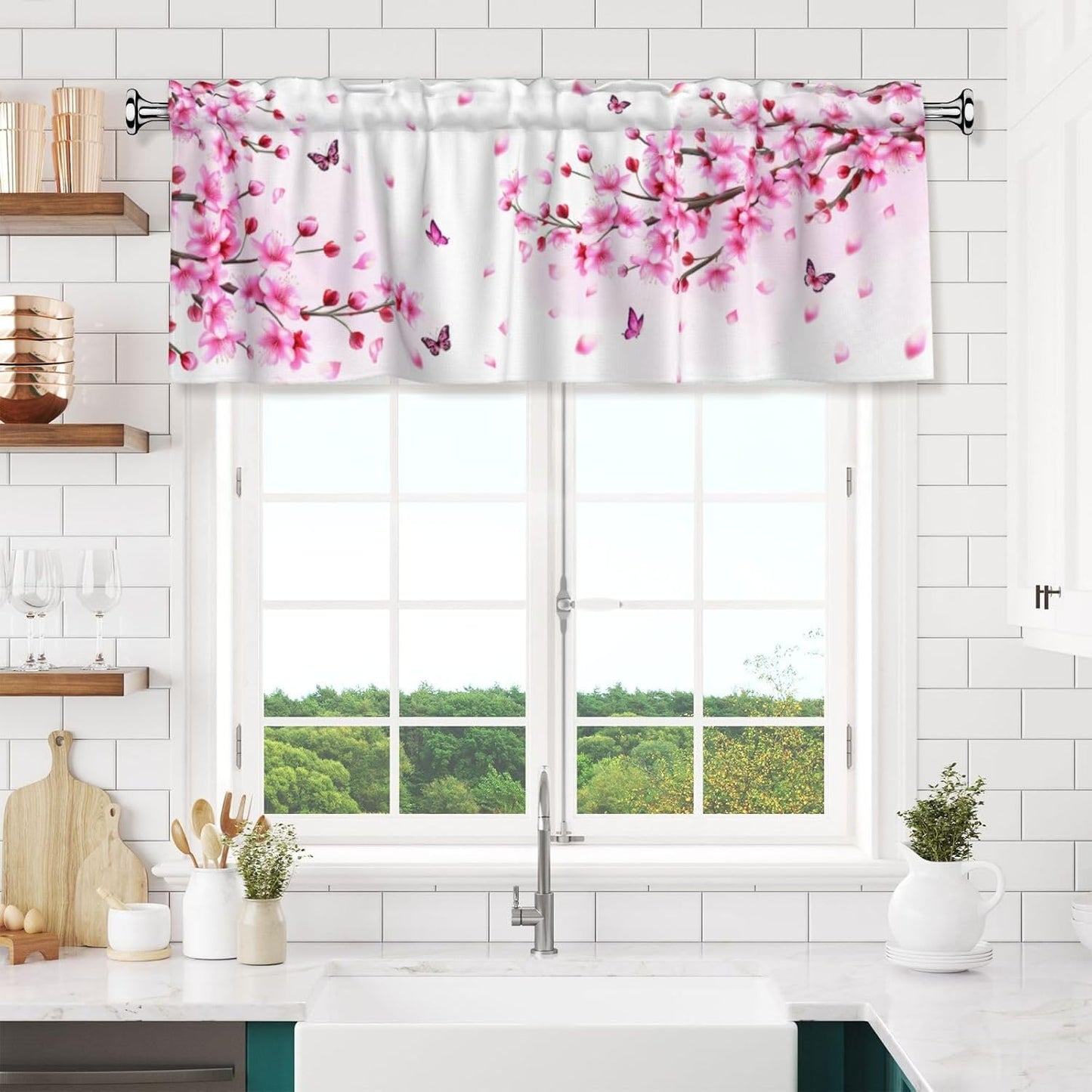 Floral Valances for Windows - Pink Cafe Curtains Cherry Blossom Short Curtains for Living Room Bathroom Bedroom Basement