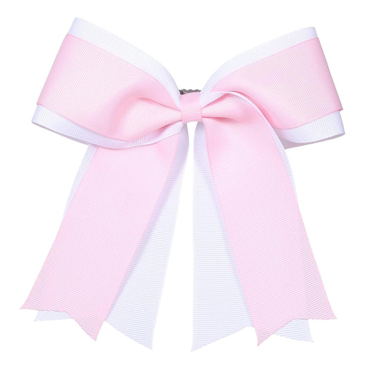 6 Inch Cheer Hair Bow Clip 2 Layers Grosgrain Ribbon Hairpin Handmade Alligator Hair Accessories for Girls Cheerleaders, White&Pink