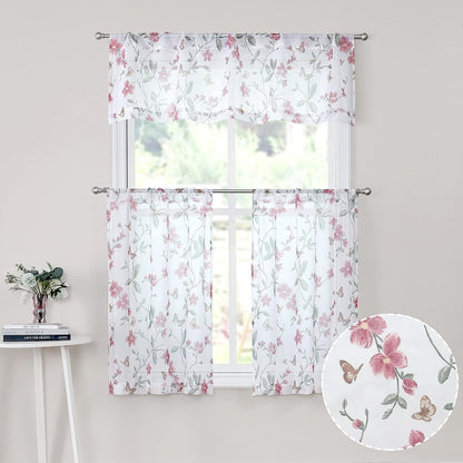 Tollpiz Sheer Floral Curtain Valance Pink Flower Butterfly Printed Bedroom Curtain Valances Rod Pocket Voile Faux Linen Window Valance Curtains for Living Room, 54 x 16 inches Long, Set of 1 Panel