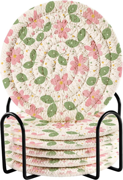 Pink Green Leaf Flowers Pattern Coasters Set of 6 with Holder Absorbent Round Coasters for Wooden Table Tabletop Protection Party Christmas Decor House Warming