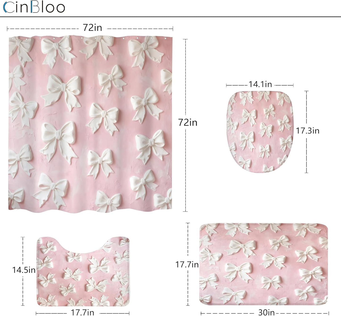 4Pcs Pink White Bow Shower Curtain Set, Vintage Bowknot Oil Painting Bathroom Curtain with Rug, Toilet Lid Cover, Bath Mat, Girly Fashion Pretty Sweet Modern Shower Curtain with 12 Hooks