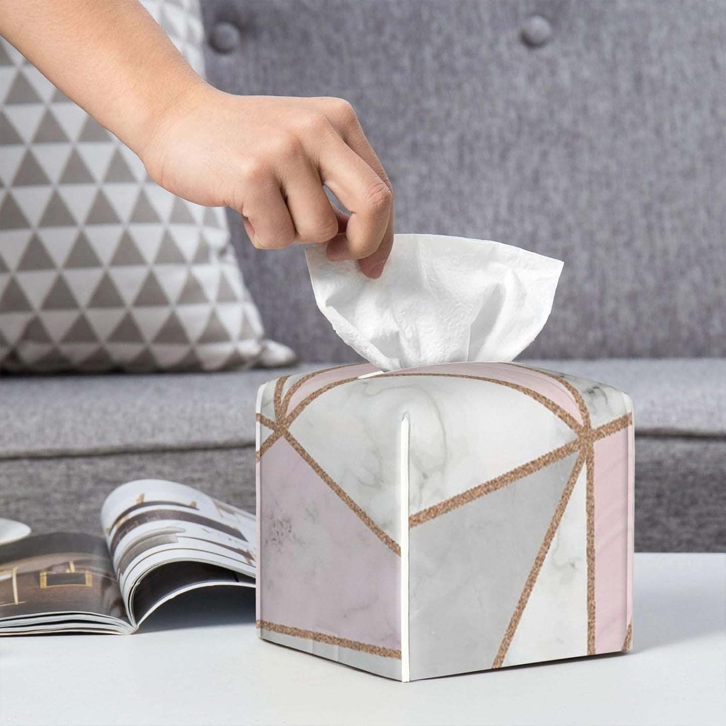 Square Tissue Box Cover, Geometric Marble Pink Stripes Surface Blocks Cracked Pattern Lines PVC Cube Holder with Bottom-Loading for Bathroom, Kitchen & Office