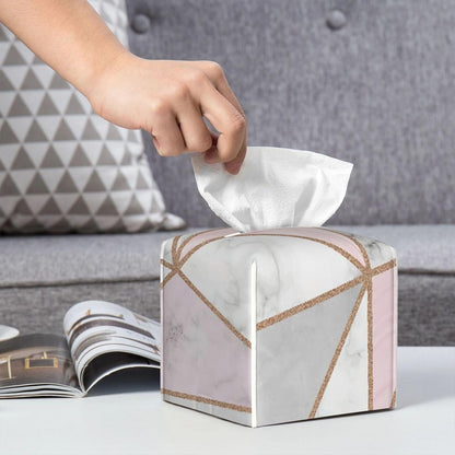 Square Tissue Box Cover, Geometric Marble Pink Stripes Surface Blocks Cracked Pattern Lines PVC Cube Holder with Bottom-Loading for Bathroom, Kitchen & Office