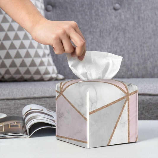 Square Tissue Box Cover, Geometric Marble Pink Stripes Surface Blocks Cracked Pattern Lines PVC Cube Holder with Bottom-Loading for Bathroom, Kitchen & Office