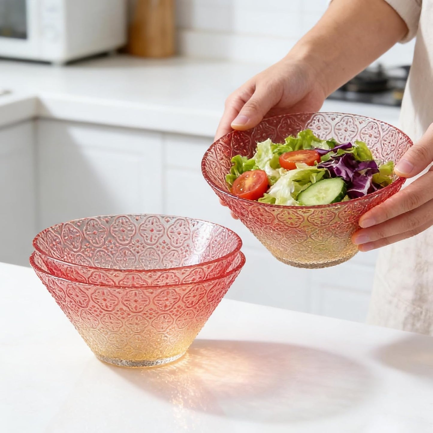 2 Pcs Light Luxury Gradient Glass Mixing Bowls - Gift Box Set, 5.9" Clear Crystal Salad Bowls, Serving Bowl Suitable for Fruits, Dips, Snacks, Desserts, Nuts, Etc (Pink Gradient)