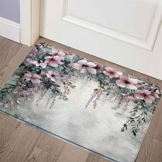 18" x 30" Pink Wisteria Floral Bath Mat Spring Weeping Blossom Flower Green Leaf Gray Ombre Fuzzy Background Bedroom Living Room Toy Room Kitchen Runner Rugs