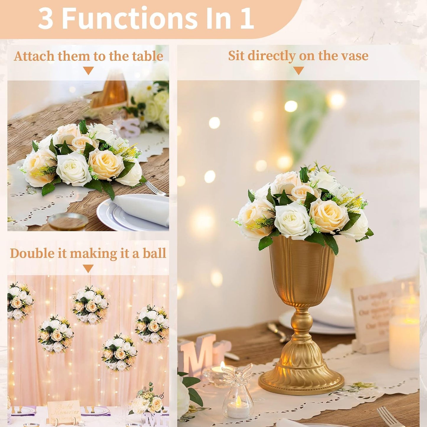 NUPTIO Flower Balls Table Centerpieces: Peachy Champagne & White Fake Rose | Artificial Floral Bouquet Arrangement 2 Pcs 9.5 inch for Wedding Bridal Shower Party Decorations