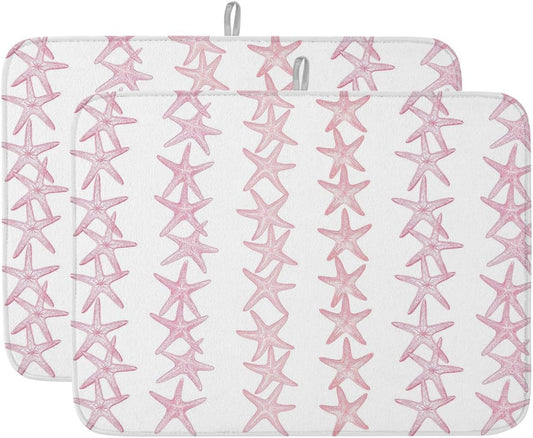 Light Pink Starfish Coastal Dish Drying Mat for Kitchen Counter, Microfiber Dishes Drainer Mat Rack Pad, Nautical Summer Ocean Modern Absorbent Dish Bottle Drying Mats, 18''x24'', 2 Pack