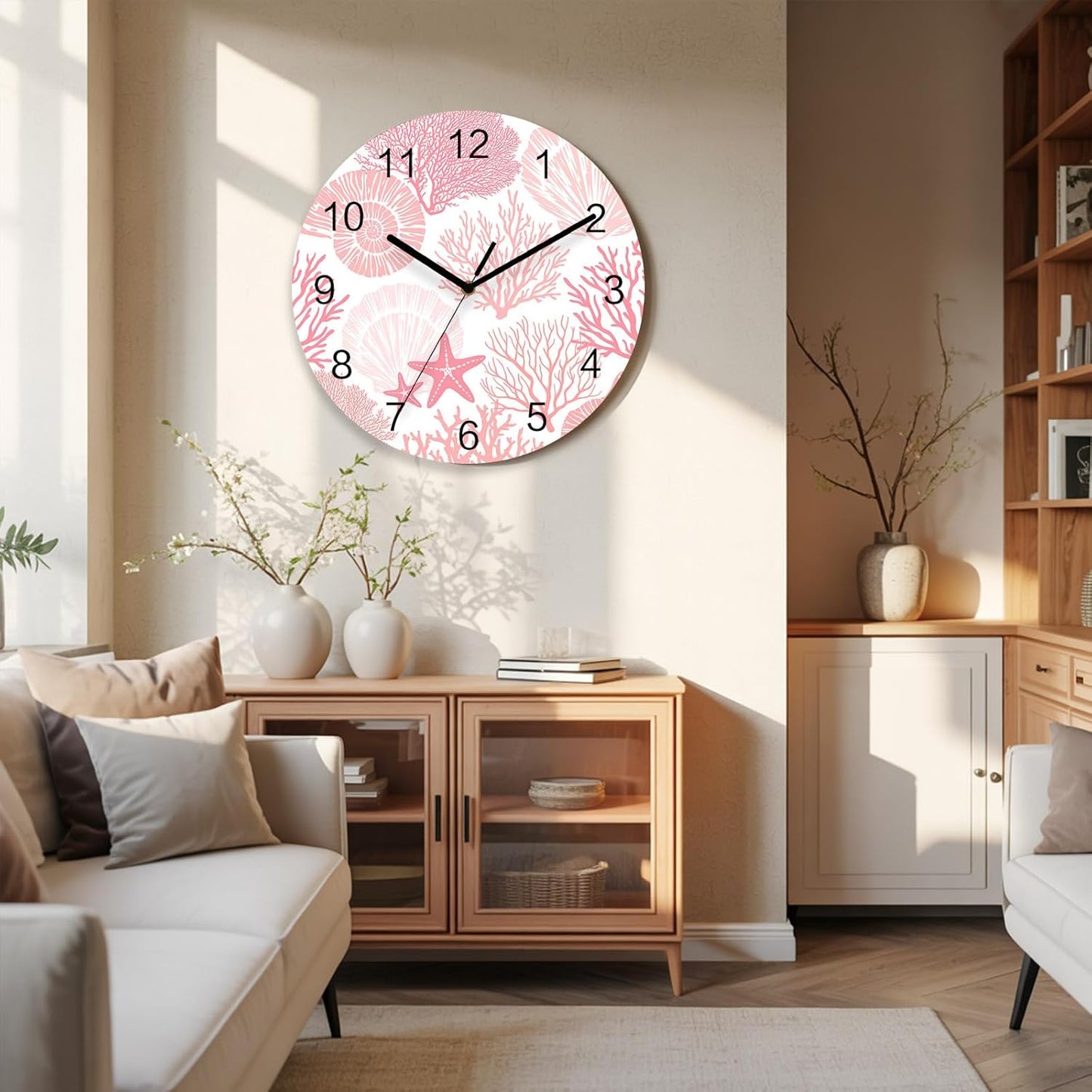 Abstract Wall Clock Battery Operated Non-Ticking 12" Round Wood Clocks, Coral Starfish Marine Pink Kitchen Wall Clock for School Bathroom Living Room Home Office Wall Decor