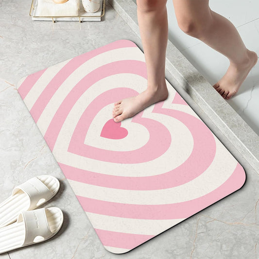 Pink Love Heart Bathroom Rug 29.5"x17", Super Absorbent Fast Drying Bath Mat with Non-Slip Rubber Backing, Thin Low-Profile Easy-Clean Bathroom Floor Mat for Shower or Tub