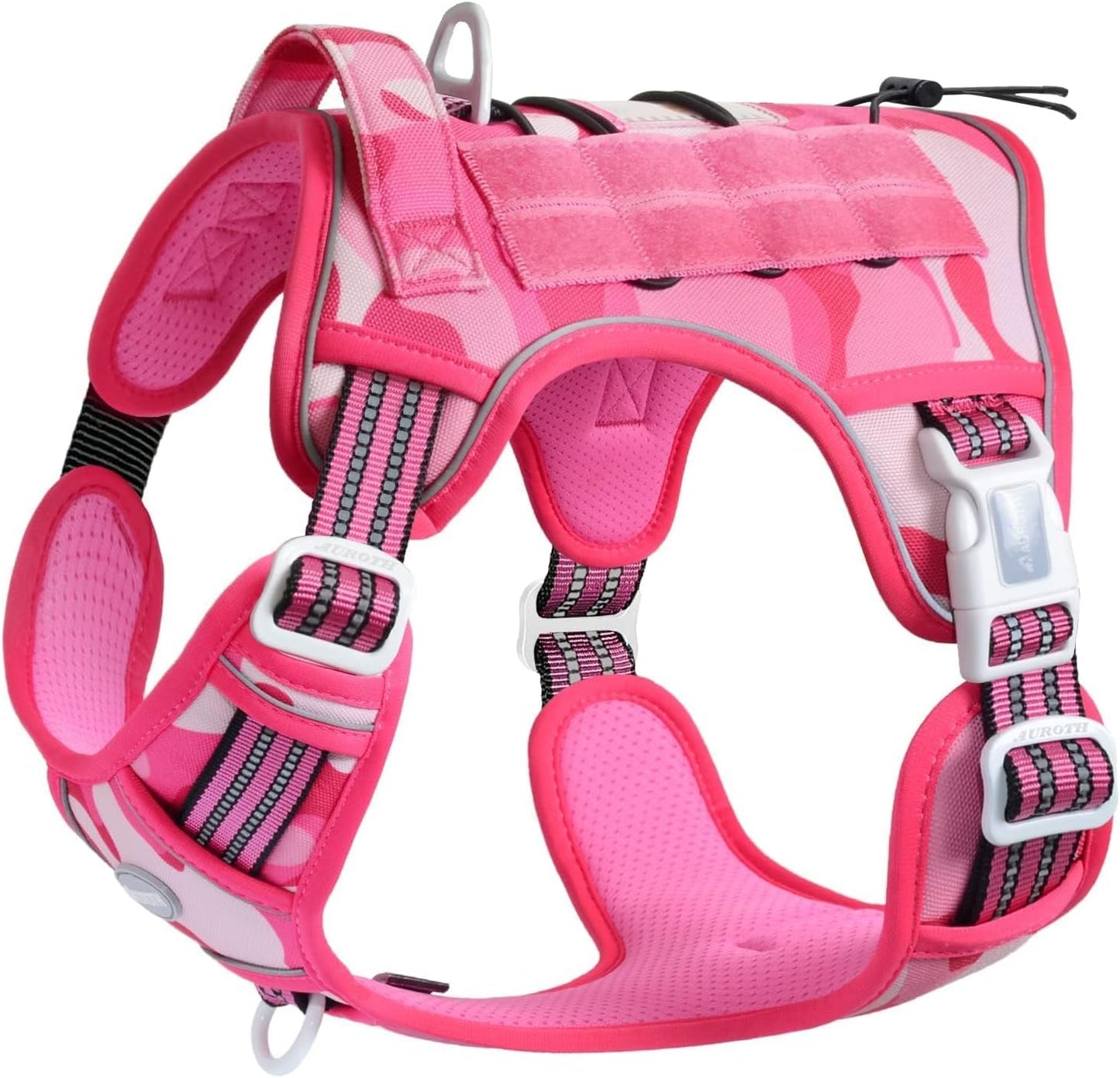 Auroth Tactical Pet Harness for Small Medium Large Dogs No Pull Adjustable, Reflective K9 Working Training Easy Control Vest Military Service Dog, Large, Pink Camo