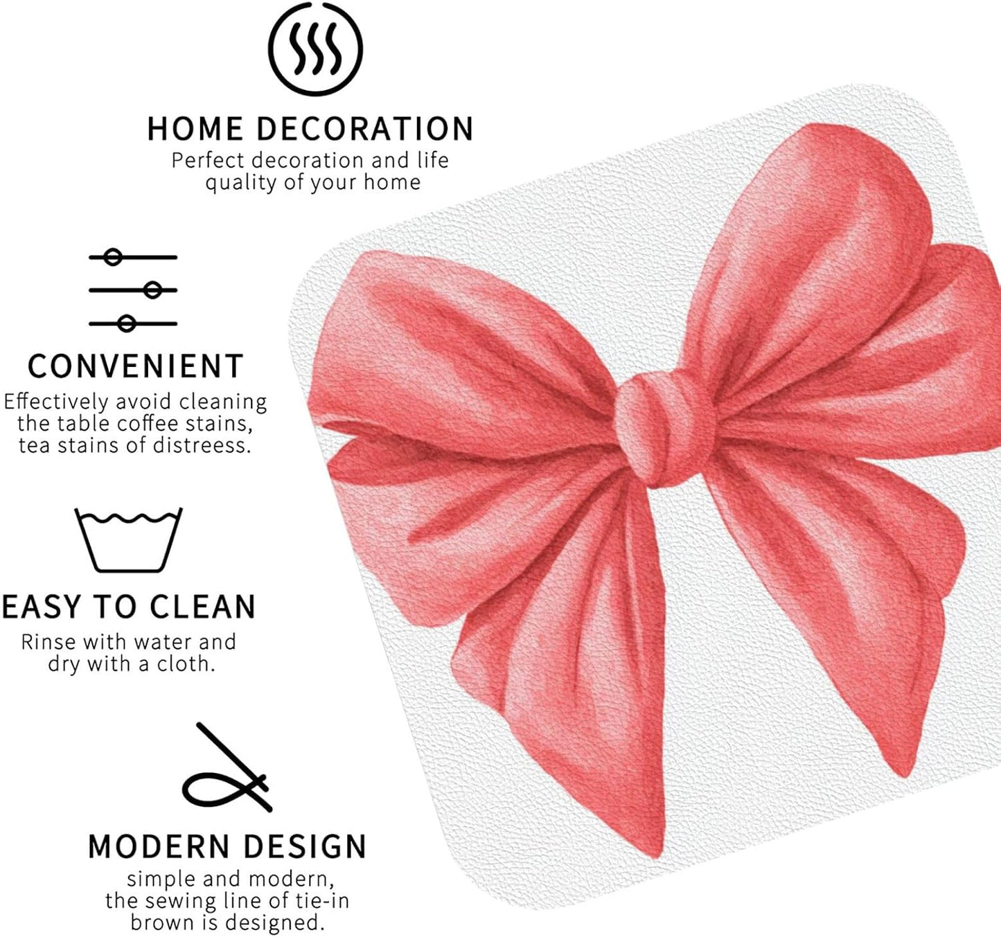 Watercolor Cute Bow Light Red and Pink Drinks Coasters Set of 4 Leather Drink Coasters for Tabletop Protection Heat Resistant Bar Cup Mat Pad