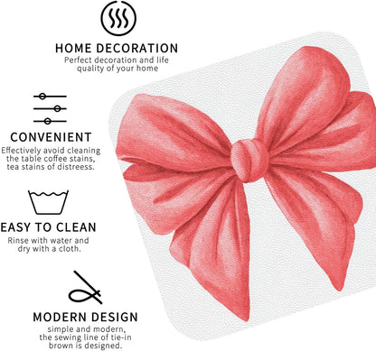 Watercolor Cute Bow Light Red and Pink Drinks Coasters Set of 4 Leather Drink Coasters for Tabletop Protection Heat Resistant Bar Cup Mat Pad