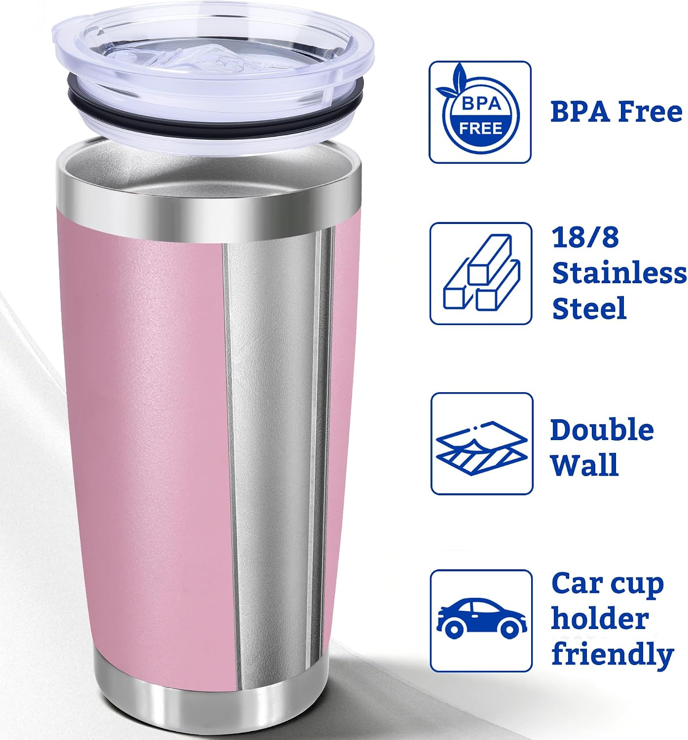 20oz Stainless Steel Tumbler Bulk with Lid, Double Wall Vacuum Insulated Powder Coated Travel Mug, Light Pink, 12 Pack