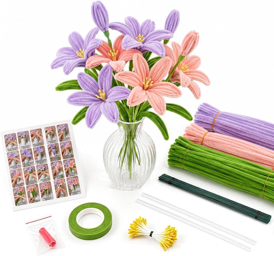 Pipe Cleaners Flowers Kit,Pink Tulip DIY Craft Supplies – Include 200Pcs Pipe Cleaners, Floral Tape, Stems, Stamens, Glue Sticks,Tutorials for Making Bouquet Gift for Mother's & Teacher's Day (Type 3)