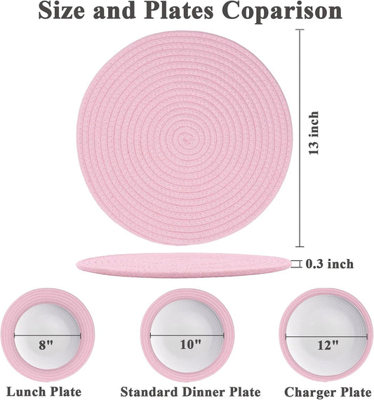Round Placemats Set of 6, Cotton Rope Woven Table Mats, Hot Pads for Kitchen, Non Slip Heat Resistant Place Mats, 13 Inches Braided Placemat for Farmhouse Decor and Kitchen Table Decor (Pink)