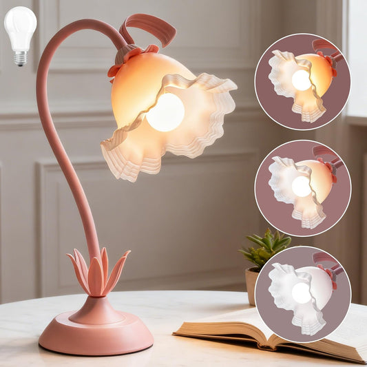 Flower Table Lamp, Bedside Vintage Table Lamp, 3 Color Modes Reading Light, Kawaii Bedside Lamps for Nightstands, Flower Lamp for Living Room Bedroom Room Lighting Table Lamps Home Decor (Pink Lamp)
