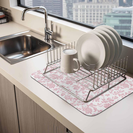 Light Pink Floral Paisley Dish Drying Mat for Kitchen Counter, Boho Leaf Vintage Farmhouse Linen Super Absorbent Draining Mat Rubber Backing Dish Rack Pad for Dishes, Coffee Bar, Sinks, 12"x16"