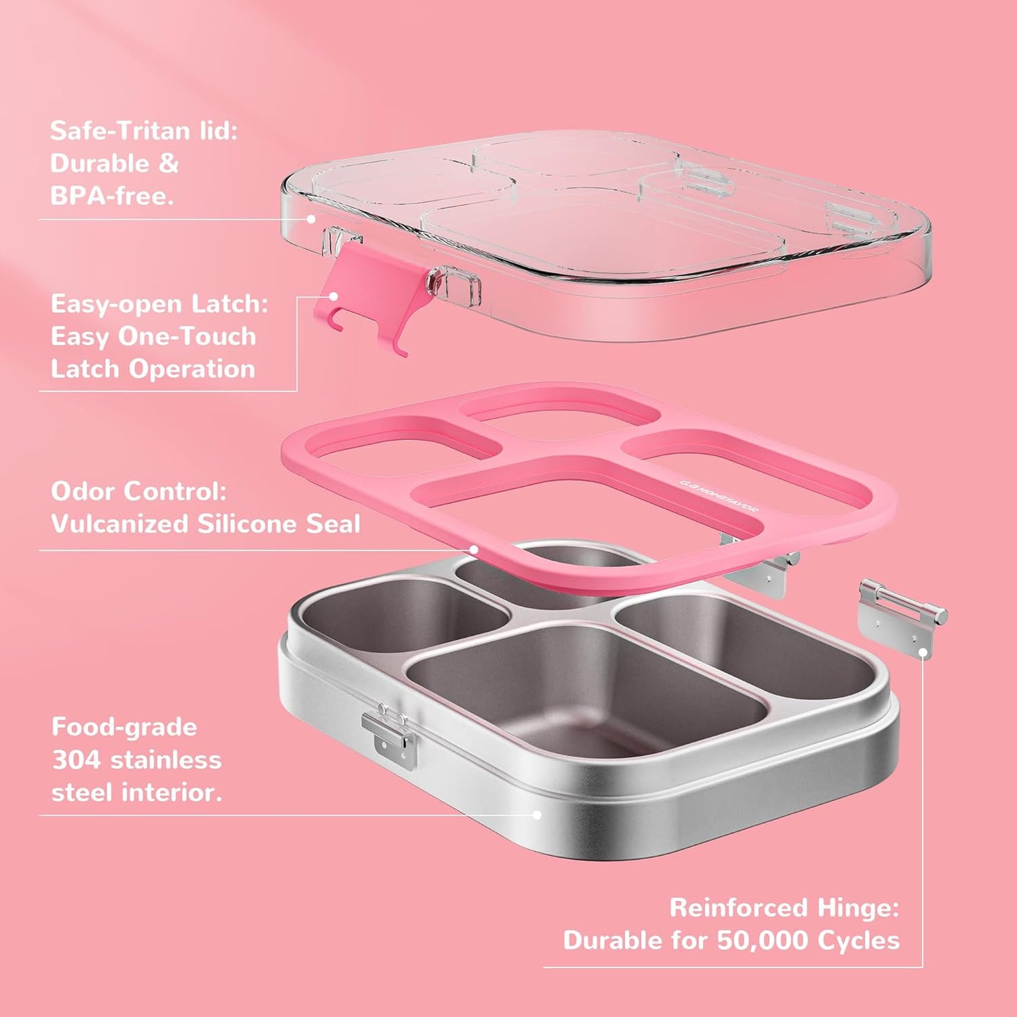 G.a HOMEFAVOR Stainless Steel Lunch Box - 4 Compartments Bento Box for Kids, Leakproof Food Container for School, Office, Dishwasher Safe, BPA-Free, 800 ml/27 oz, Pink