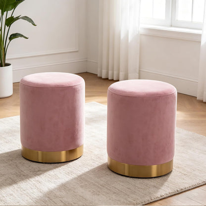 LSSBOUGHT Round Velvet Ottoman, 16" H Footrest Stool with Gold Metal Base, Modern Upholstered Vanity Stool for Living Room, Bedroom, Entryway (Pink, Set of 1)