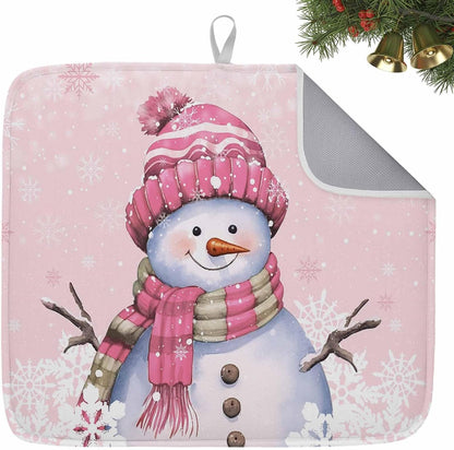 Christmas Pink Snowman Dish Drying Mat Absorbent Drying Matt Kitchen Counter Mats Pink White Snowflake Quick Dry Dishes Drainer Christmas Decorations 18x24 Inch