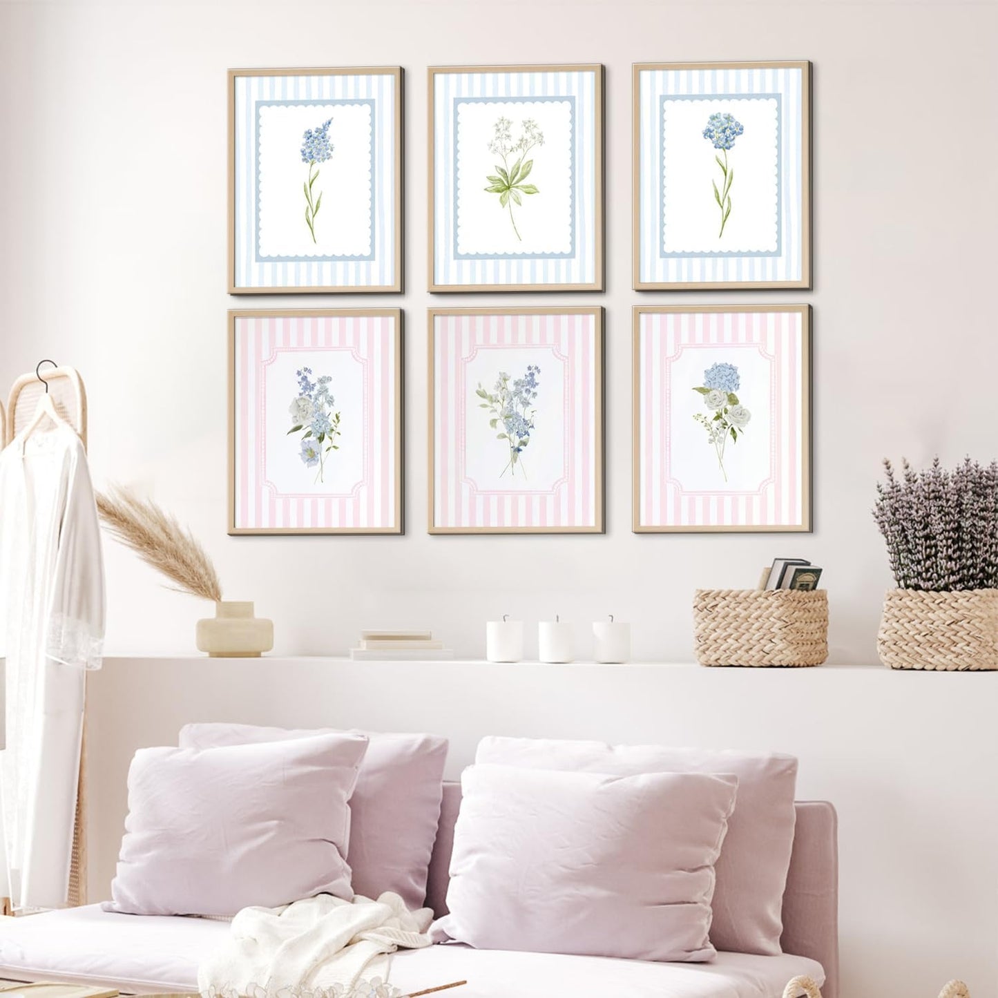 WNRTEKNK 6pcs Floral Nursery Wall Art Pink Blue Botanical Canvas Prints Flower Hydrangea Wall Decor Wildflower Pictures Pastel Wall Decor Painting for Girls Bedroom 8x10 Inch Posters Unframed