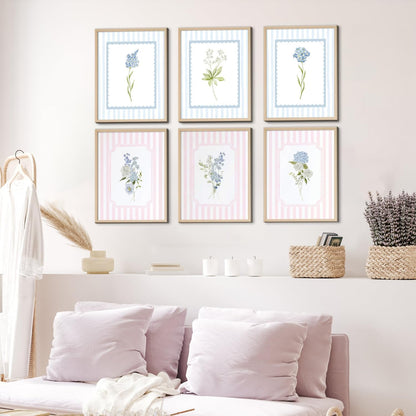 WNRTEKNK 6pcs Floral Nursery Wall Art Pink Blue Botanical Canvas Prints Flower Hydrangea Wall Decor Wildflower Pictures Pastel Wall Decor Painting for Girls Bedroom 8x10 Inch Posters Unframed