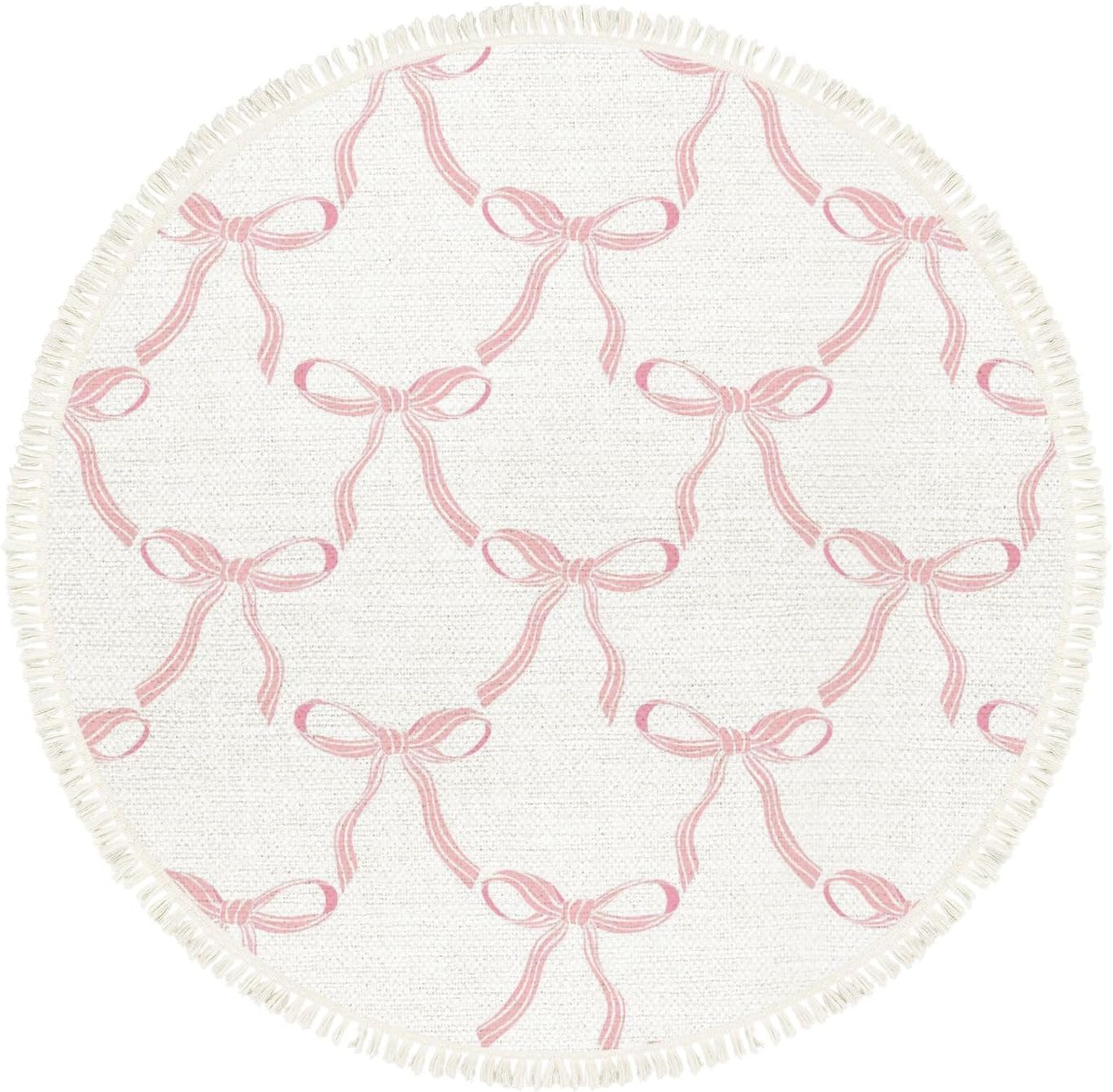 Pink Bow Rug Round Rugs Cute Coquette Pattern Seamless Pink Ribbon Bow White Boho Area Rugs Linen and Cotton Carpet Meditation Rug Washable Hallway Runner Mat for Bedroom Nursery 6ft